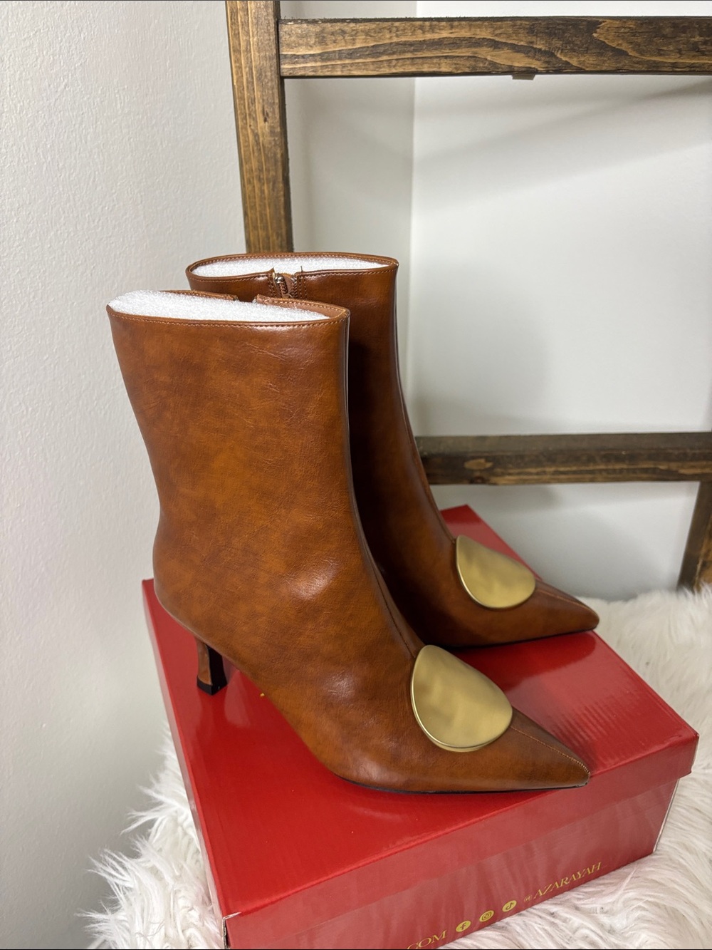 Azarayah Tan Leather Ankle Booties with Gold Accent Size 8